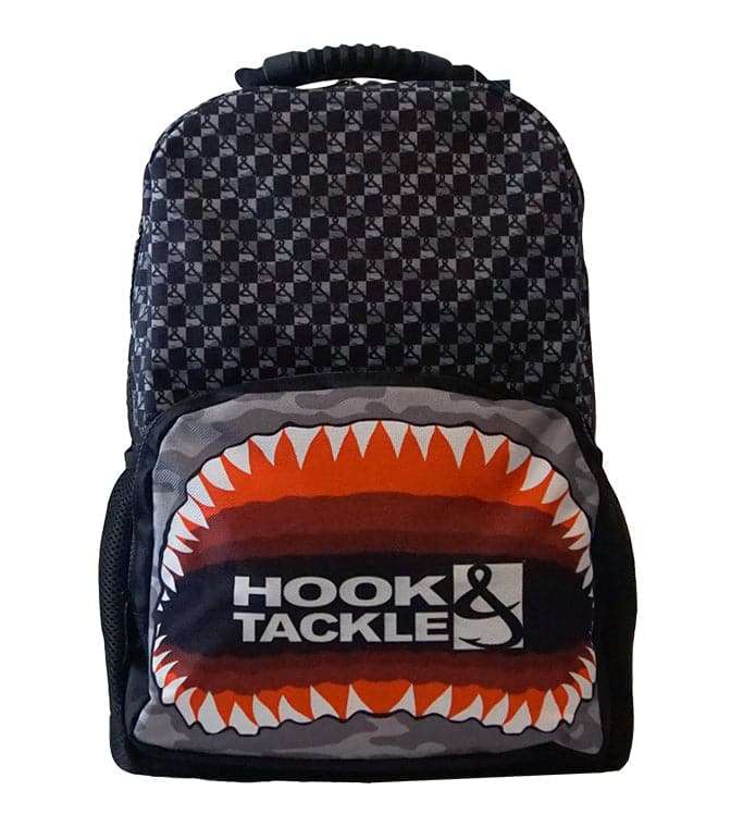 Jaws Fishing Backpack with shark jaw design and multiple compartments for fishing gear