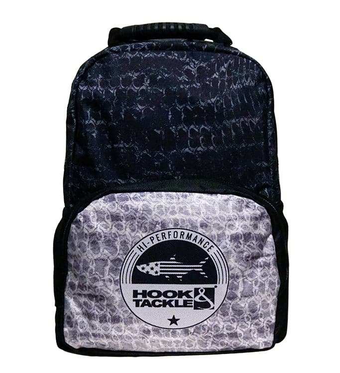 Skinz Fishing Backpack with tarpon skin pattern, durable ballistic polyester, padded straps, and multiple compartments for fishing gear