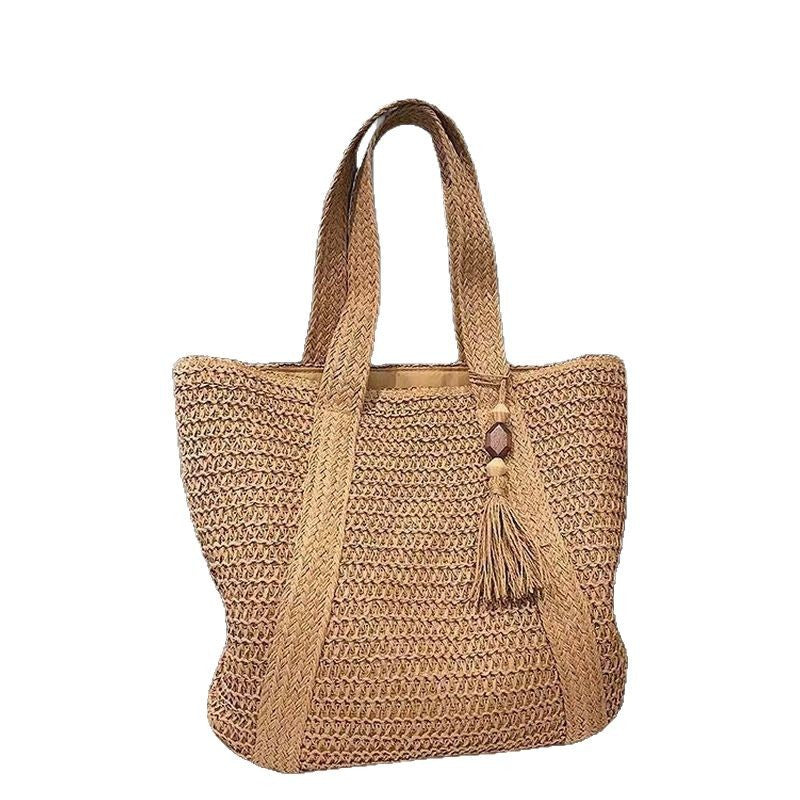 Wooden Bead Tassel Handwoven Straw Tote – Beach & Vacation Bag