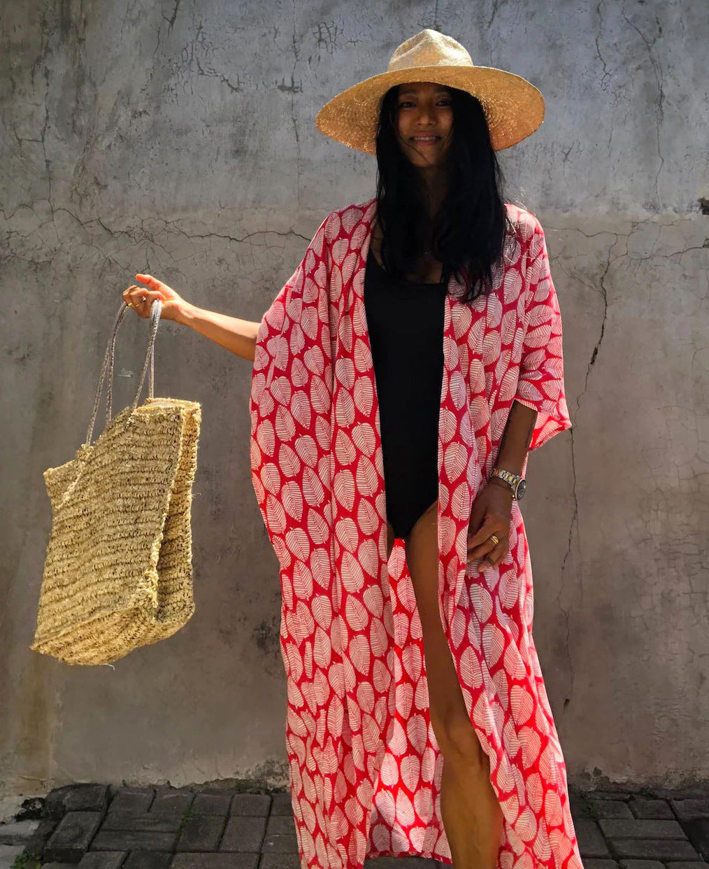 Cotton Leaf Print Beach Cover-Up – Cardigan Style Sun Protection Dress
