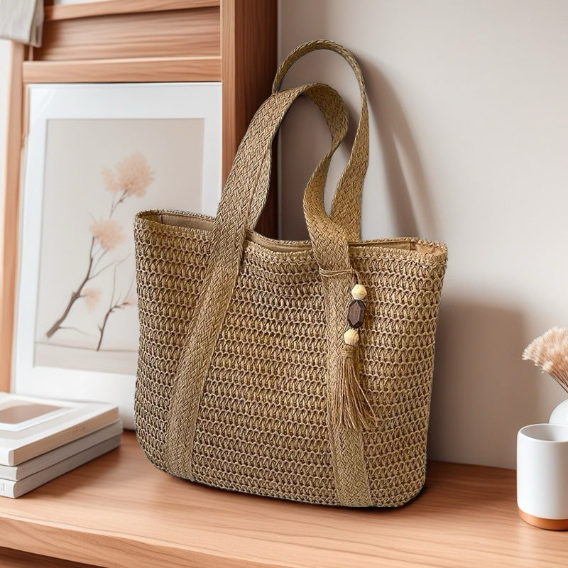 Wooden Bead Tassel Handwoven Straw Tote – Beach & Vacation Bag