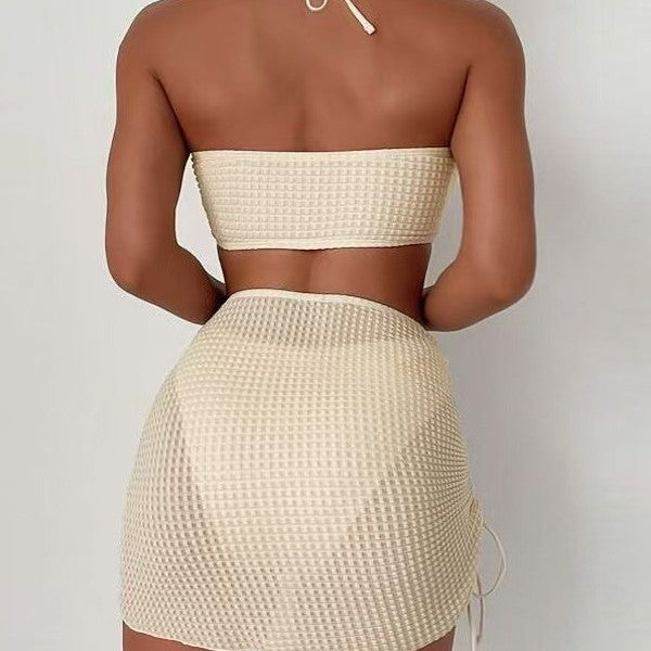 Solid Color Halter Neck Three-Piece Bikini Set with Skirt