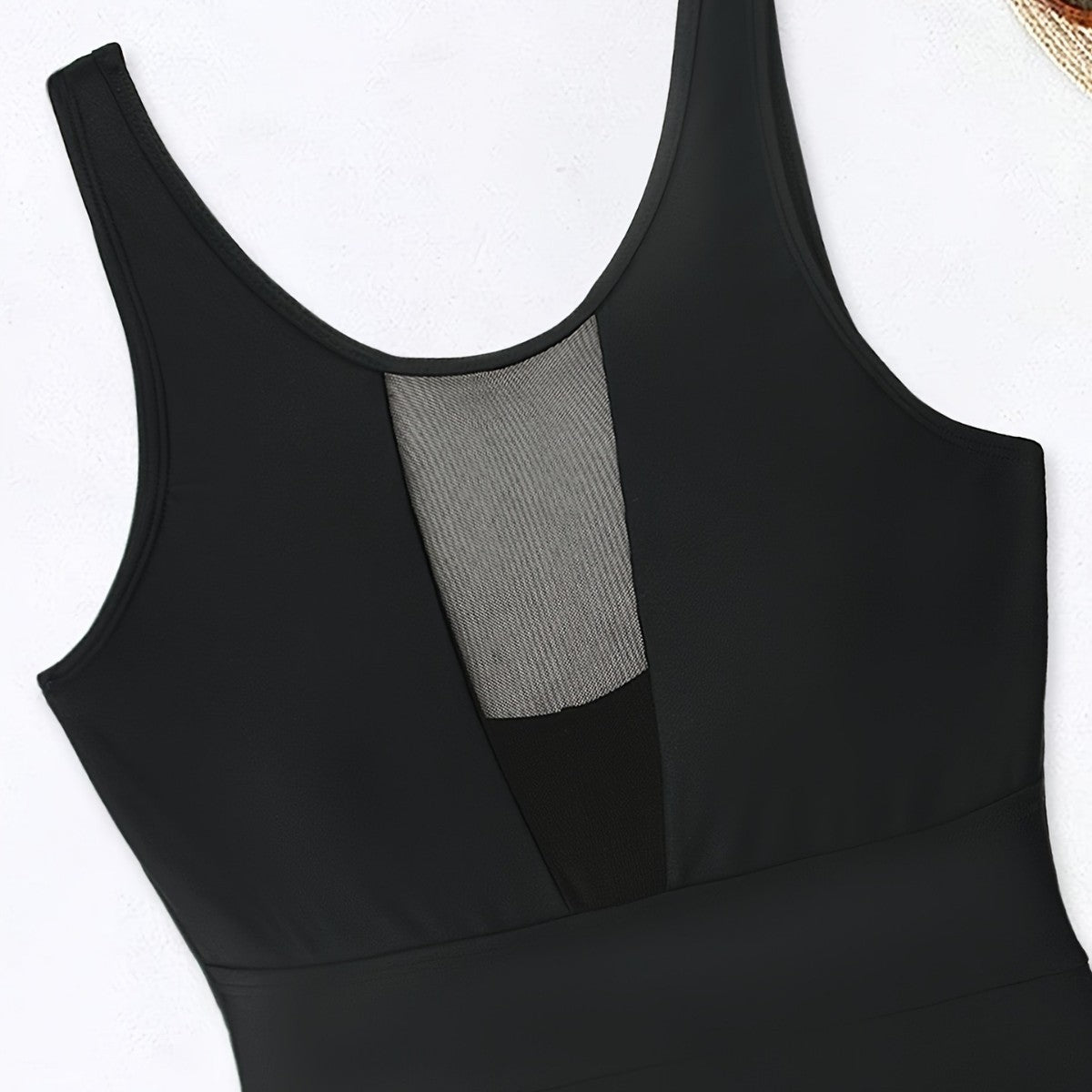 Black Mesh One-Piece Swimsuit – Solid Color