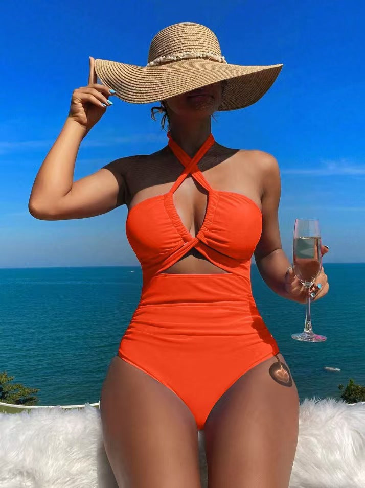 High Waist Backless Halter One-Piece Swimsuit – Solid Color