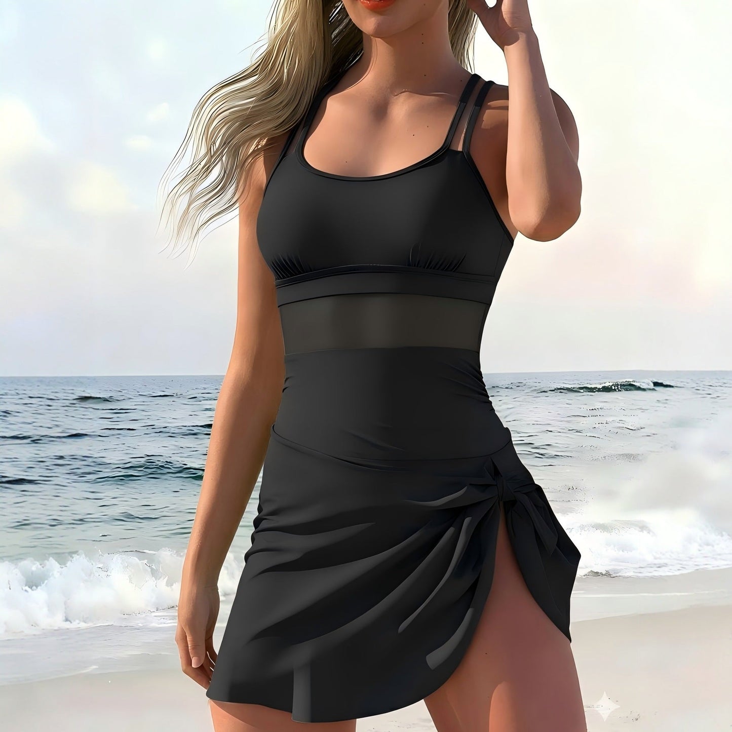 Slim Fit Mesh Panel One-Piece Swimsuit – Beach Dress Style
