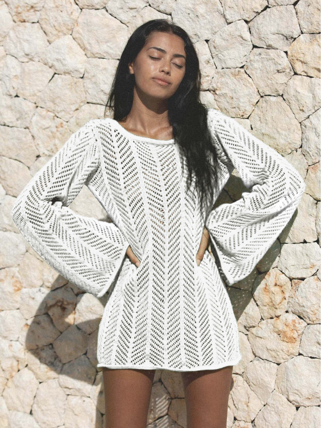 Knitted Hollow-Out Long Sleeve Kimono – Beach Cover-Up & Vacation Outerwear