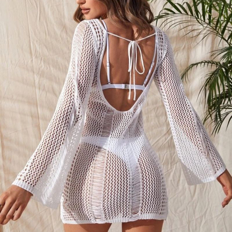 Crochet Hollow-Out Backless Beach Dress – Long Sleeve Knit Bikini Cover-Up