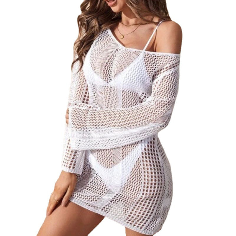 Crochet Hollow-Out Backless Beach Dress – Long Sleeve Knit Bikini Cover-Up