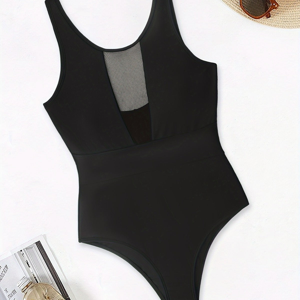 Black Mesh One-Piece Swimsuit – Solid Color