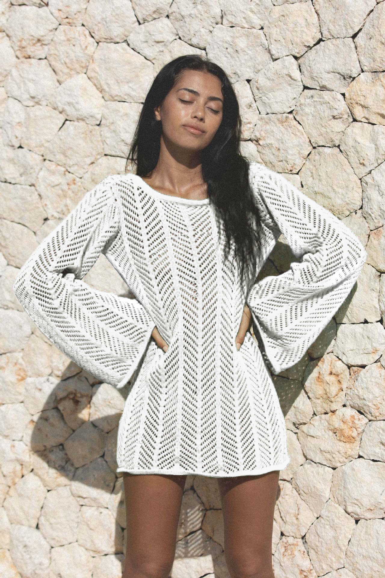 Knitted Hollow-Out Long Sleeve Kimono – Beach Cover-Up & Vacation Outerwear