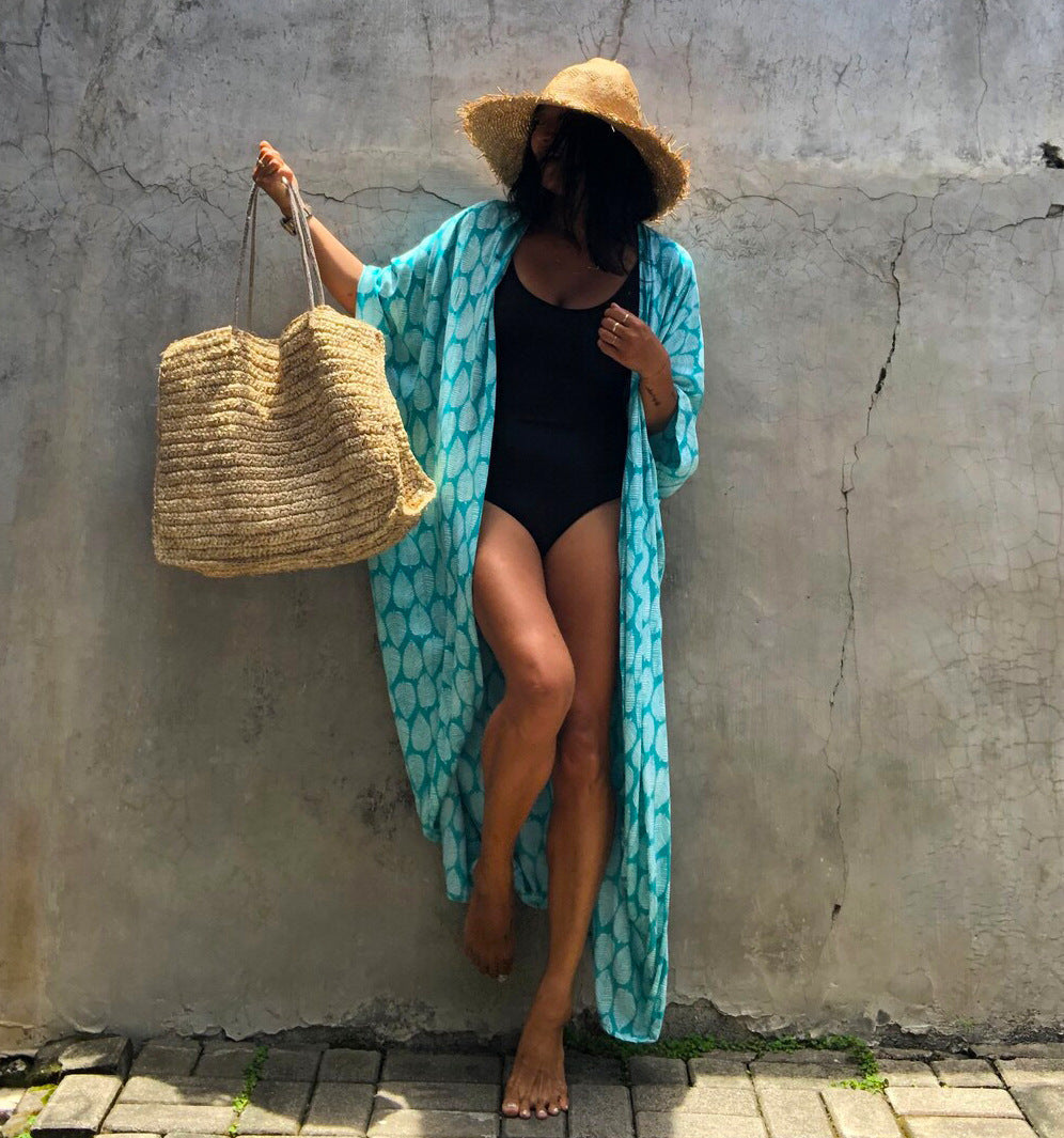 Cotton Leaf Print Beach Cover-Up – Cardigan Style Sun Protection Dress