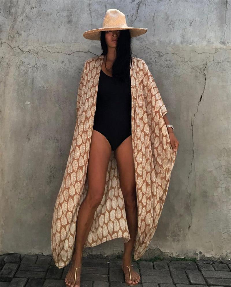 Cotton Leaf Print Beach Cover-Up – Cardigan Style Sun Protection Dress