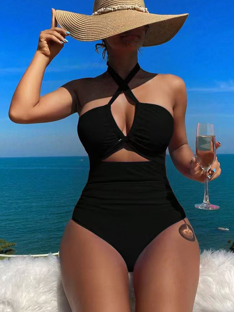 High Waist Backless Halter One-Piece Swimsuit – Solid Color