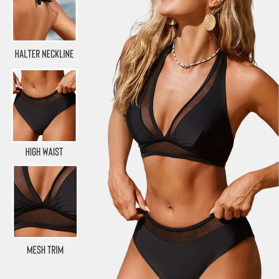 Mesh Panel High Waist Halter Neck Two Piece Bikini