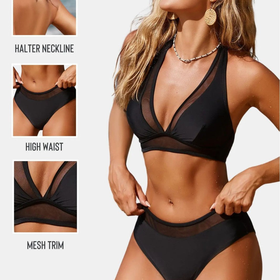 Mesh Panel High Waist Halter Neck Two Piece Bikini