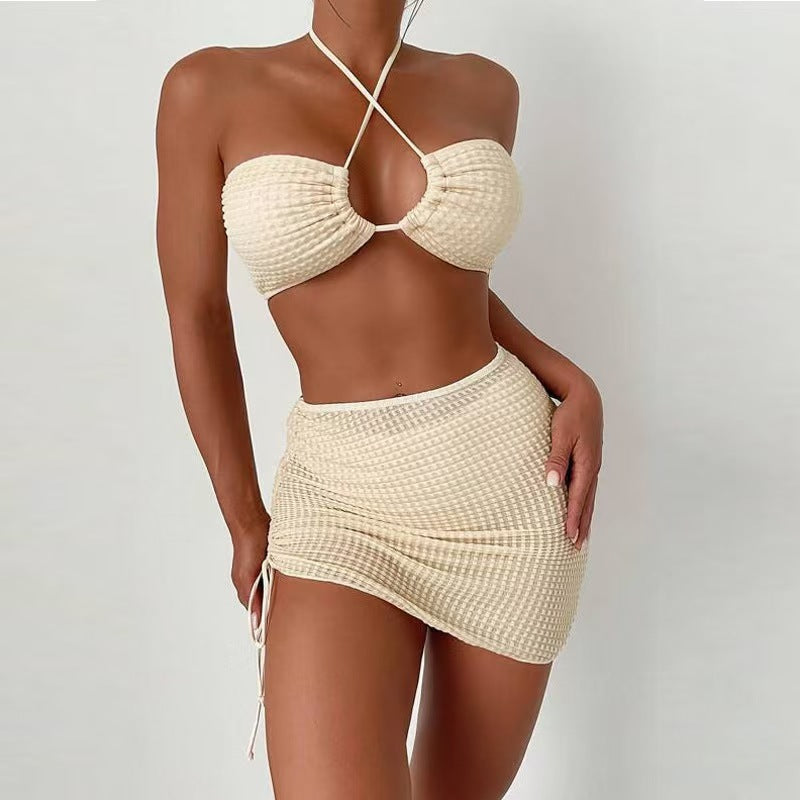 Solid Color Halter Neck Three-Piece Bikini Set with Skirt