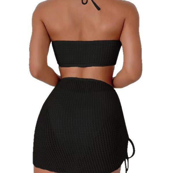 Solid Color Halter Neck Three-Piece Bikini Set with Skirt