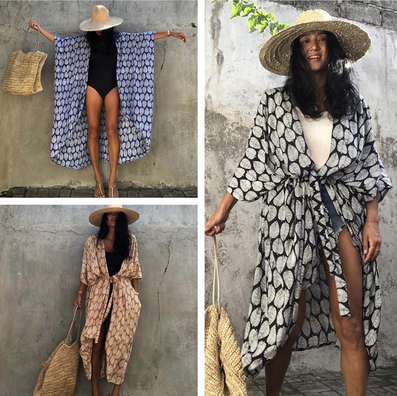 Cotton Leaf Print Beach Cover-Up – Cardigan Style Sun Protection Dress
