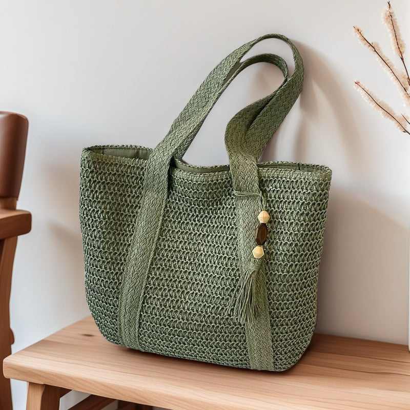 Wooden Bead Tassel Handwoven Straw Tote – Beach & Vacation Bag