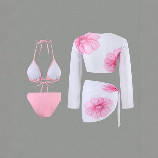 Long Sleeve Apron Women's Swimsuit Printed Bikini 4