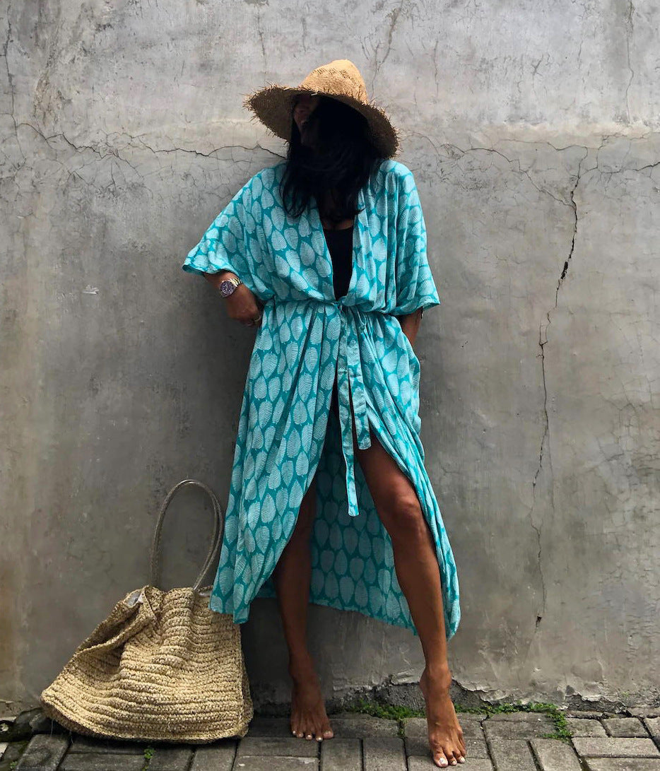 Cotton Leaf Print Beach Cover-Up – Cardigan Style Sun Protection Dress