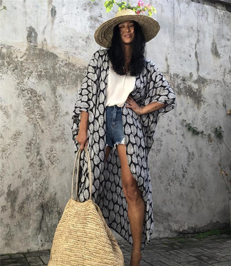 Cotton Leaf Print Beach Cover-Up – Cardigan Style Sun Protection Dress