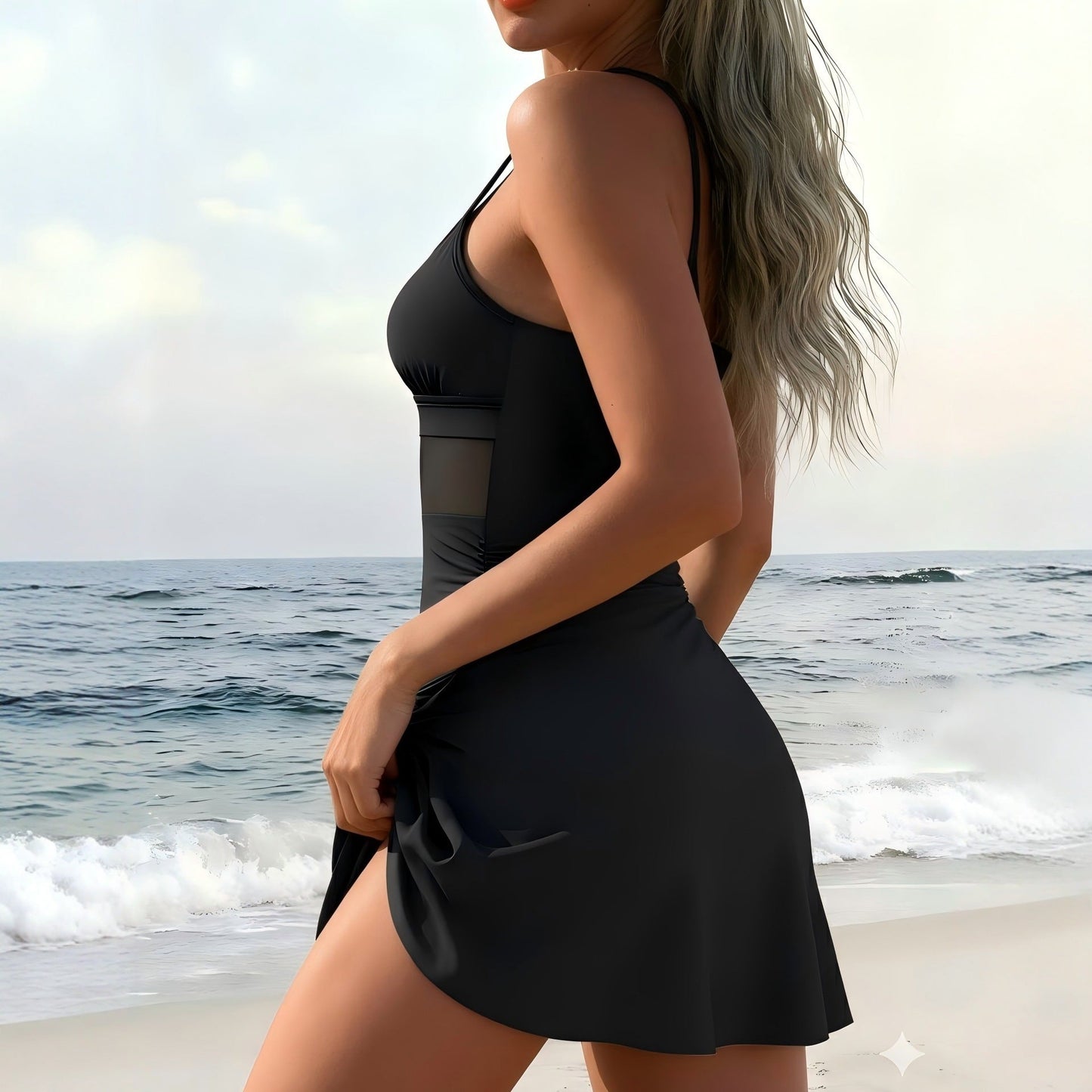 Slim Fit Mesh Panel One-Piece Swimsuit – Beach Dress Style