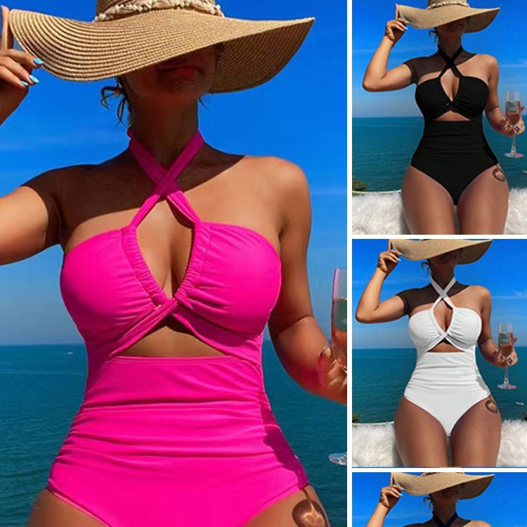 High Waist Backless Halter One-Piece Swimsuit – Solid Color