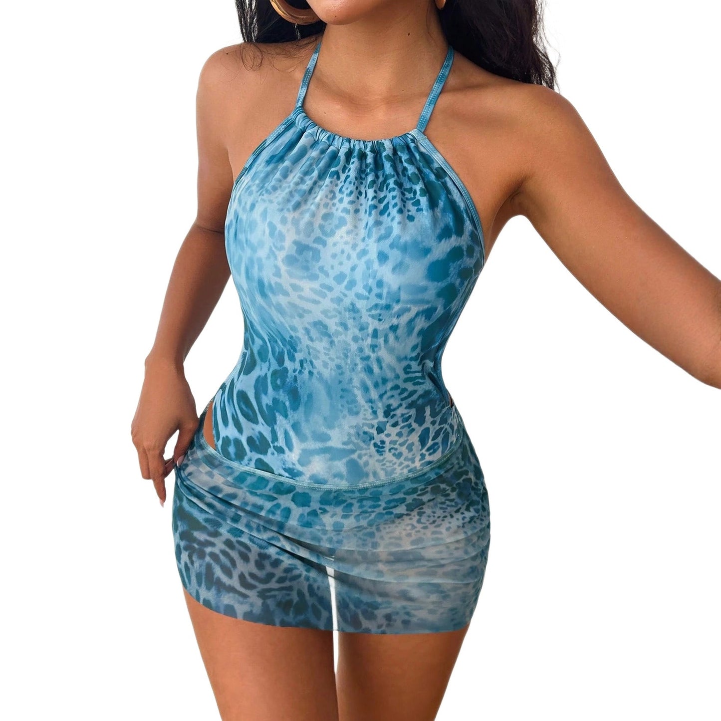 Leopard Print Backless Lace-Up One-Piece Swimsuit with Skirt