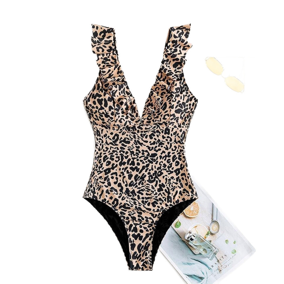 Leopard Print Tummy Control One-Piece Swimsuit – Ruffled Trim