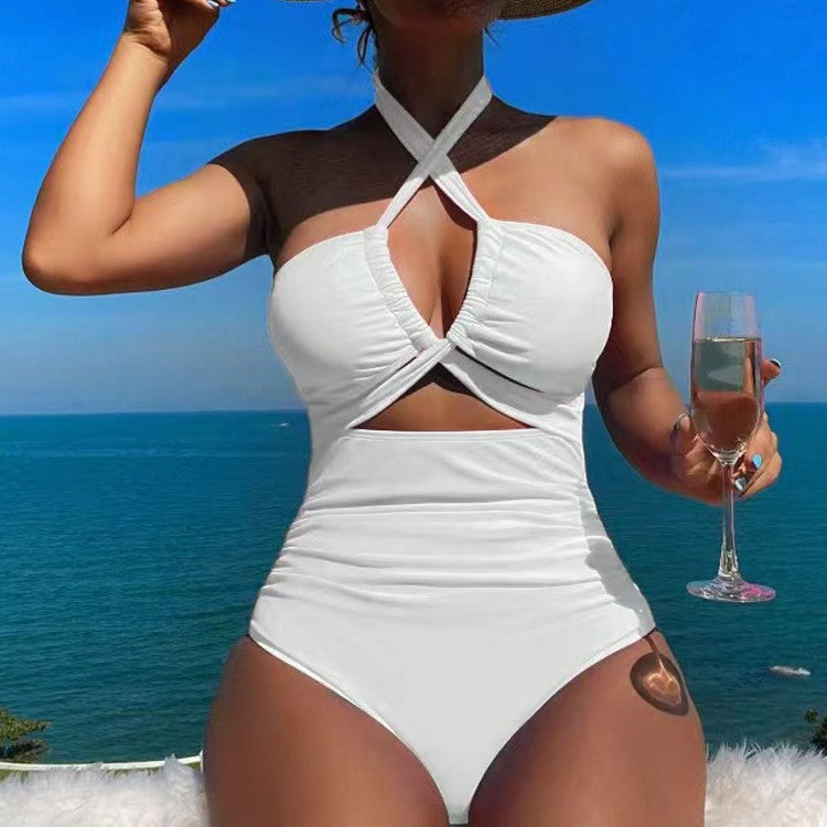High Waist Backless Halter One-Piece Swimsuit – Solid Color