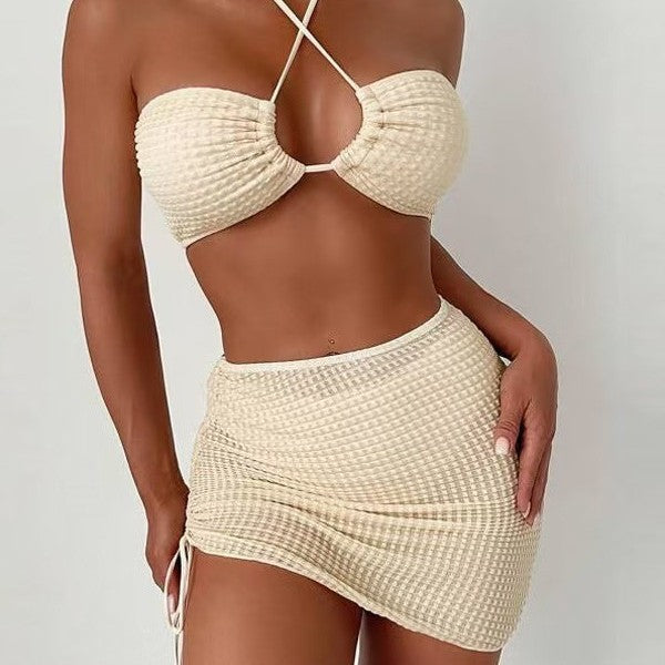 Solid Color Halter Neck Three-Piece Bikini Set with Skirt