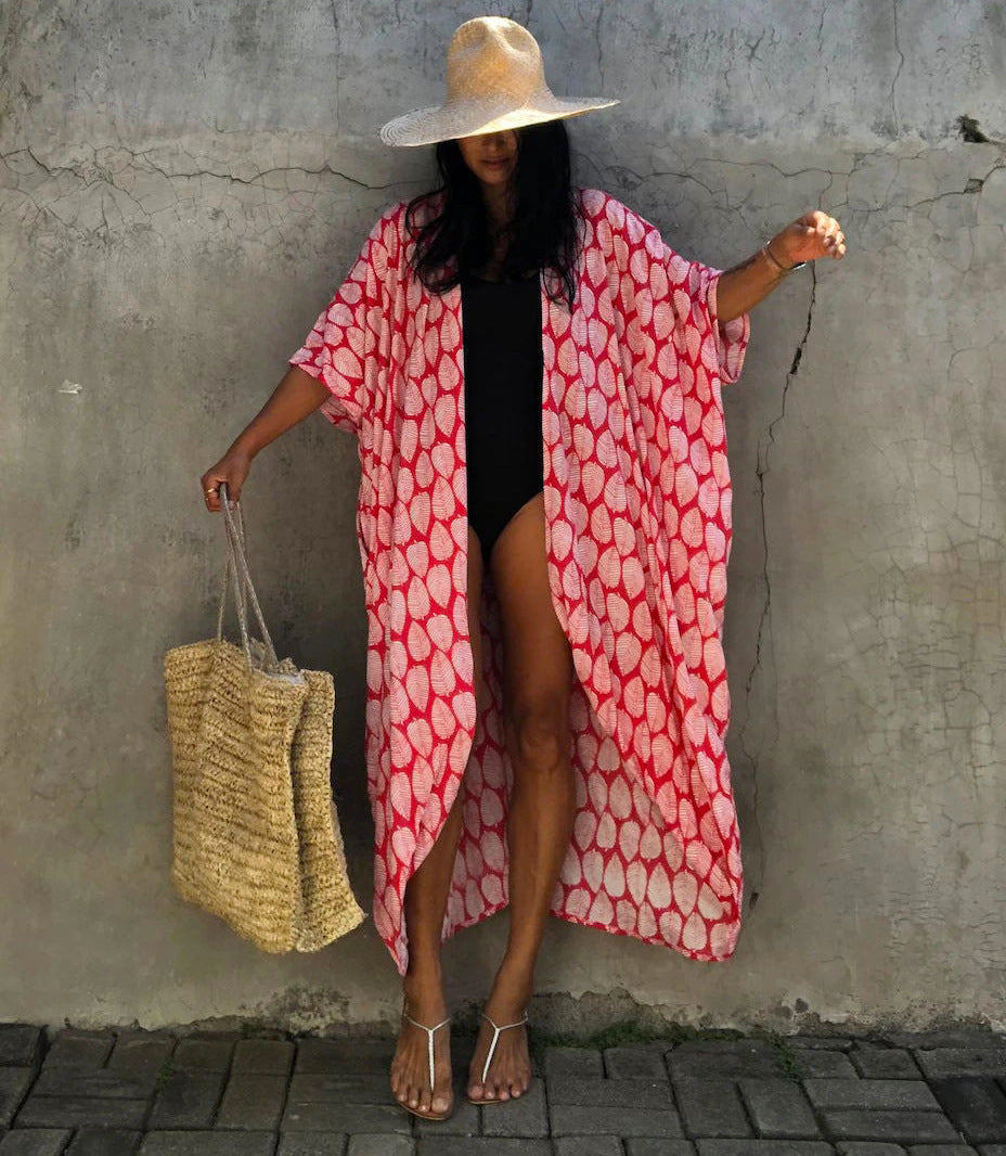 Cotton Leaf Print Beach Cover-Up – Cardigan Style Sun Protection Dress