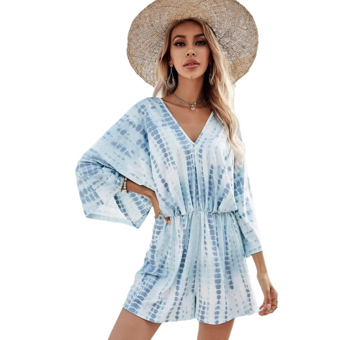 Deep V-Neck Batwing Sleeve Printed Romper – Loose Fit Short Jumpsuit