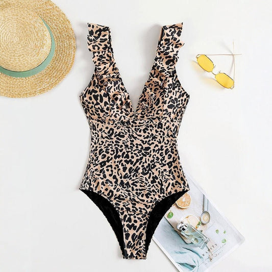 Leopard Print Tummy Control One-Piece Swimsuit – Ruffled Trim