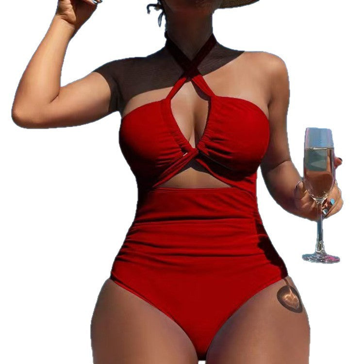 High Waist Backless Halter One-Piece Swimsuit – Solid Color