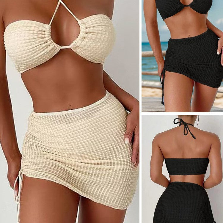 Solid Color Halter Neck Three-Piece Bikini Set with Skirt