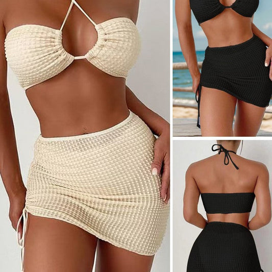 Solid Color Halter Neck Three-Piece Bikini Set with Skirt