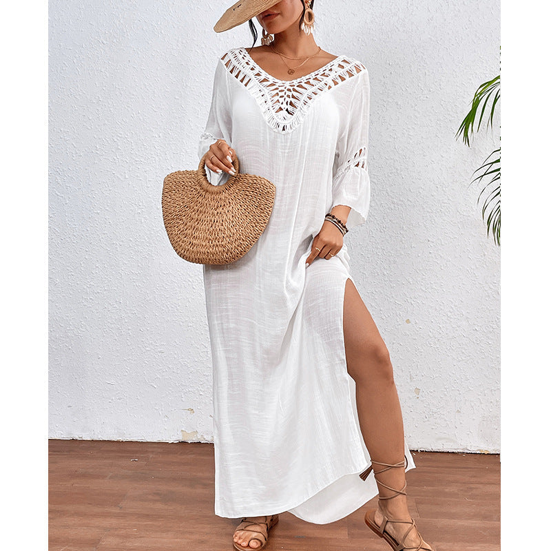 Women Clothing Hand Crocheting Stitching Colorful Ball Sexy Hollow Out Cutout out Backless Loose Beach Long Overskirt