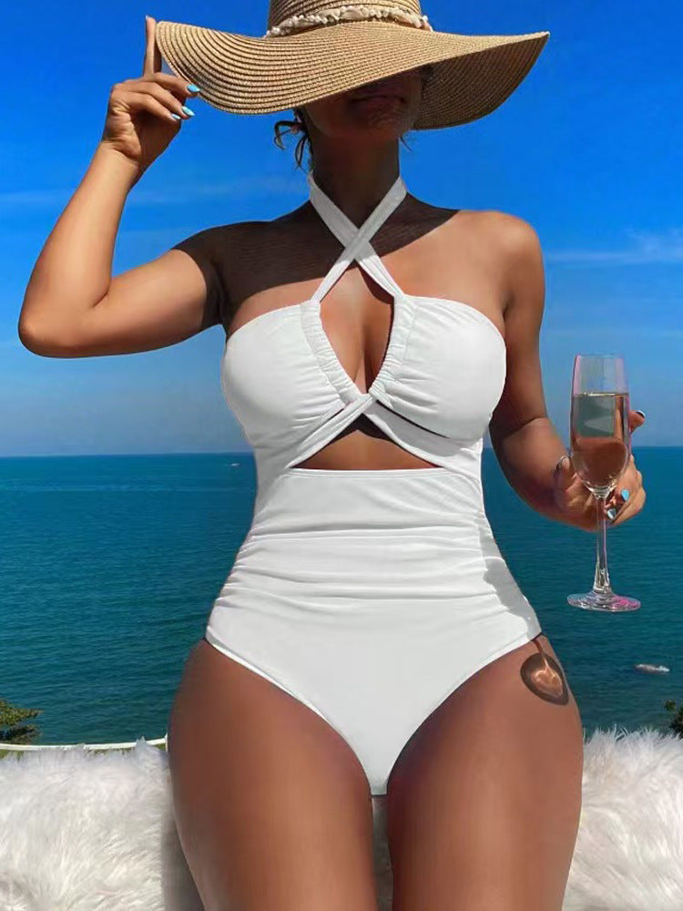 High Waist Backless Halter One-Piece Swimsuit – Solid Color