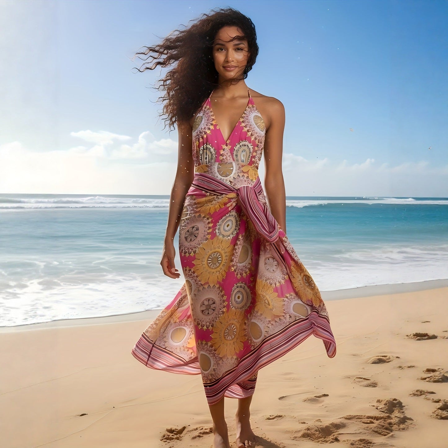 Vacation Style Beach Print One-Piece with Cover-up