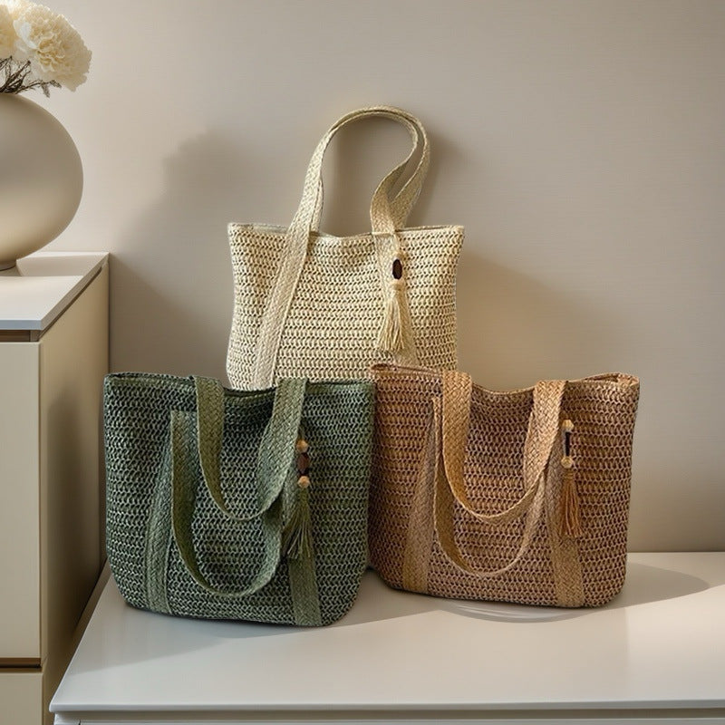 Wooden Bead Tassel Handwoven Straw Tote – Beach & Vacation Bag