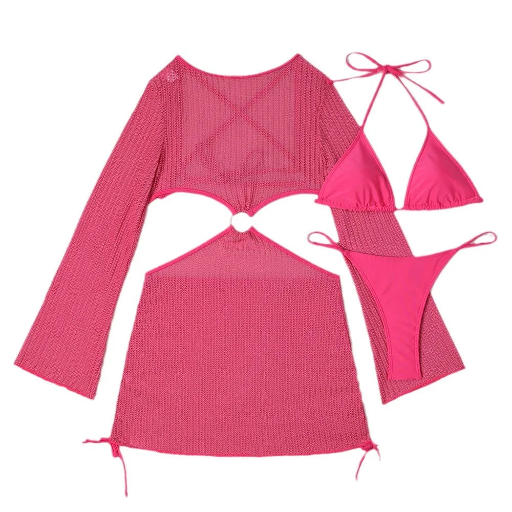 Mesh Hollowed Drawstring Bikini – Three-Piece Swimsuit Set