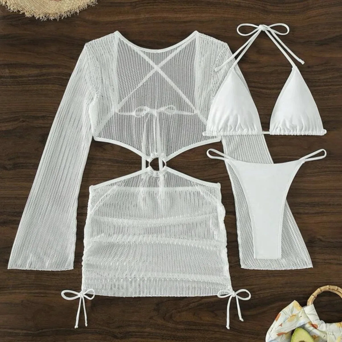 Mesh Hollowed Drawstring Bikini – Three-Piece Swimsuit Set