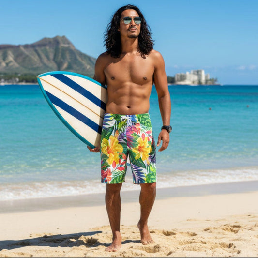 Men's Tropical Print Board Shorts Hawaiian Style Design