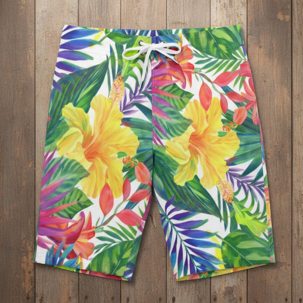 Men's Tropical Print Board Shorts Hawaiian Style Design