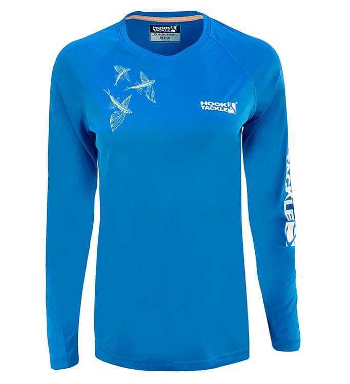 Women's Flying Fish L/S UV fishing shirt with moisture-wicking, sun protection, and radial sleeves for movement