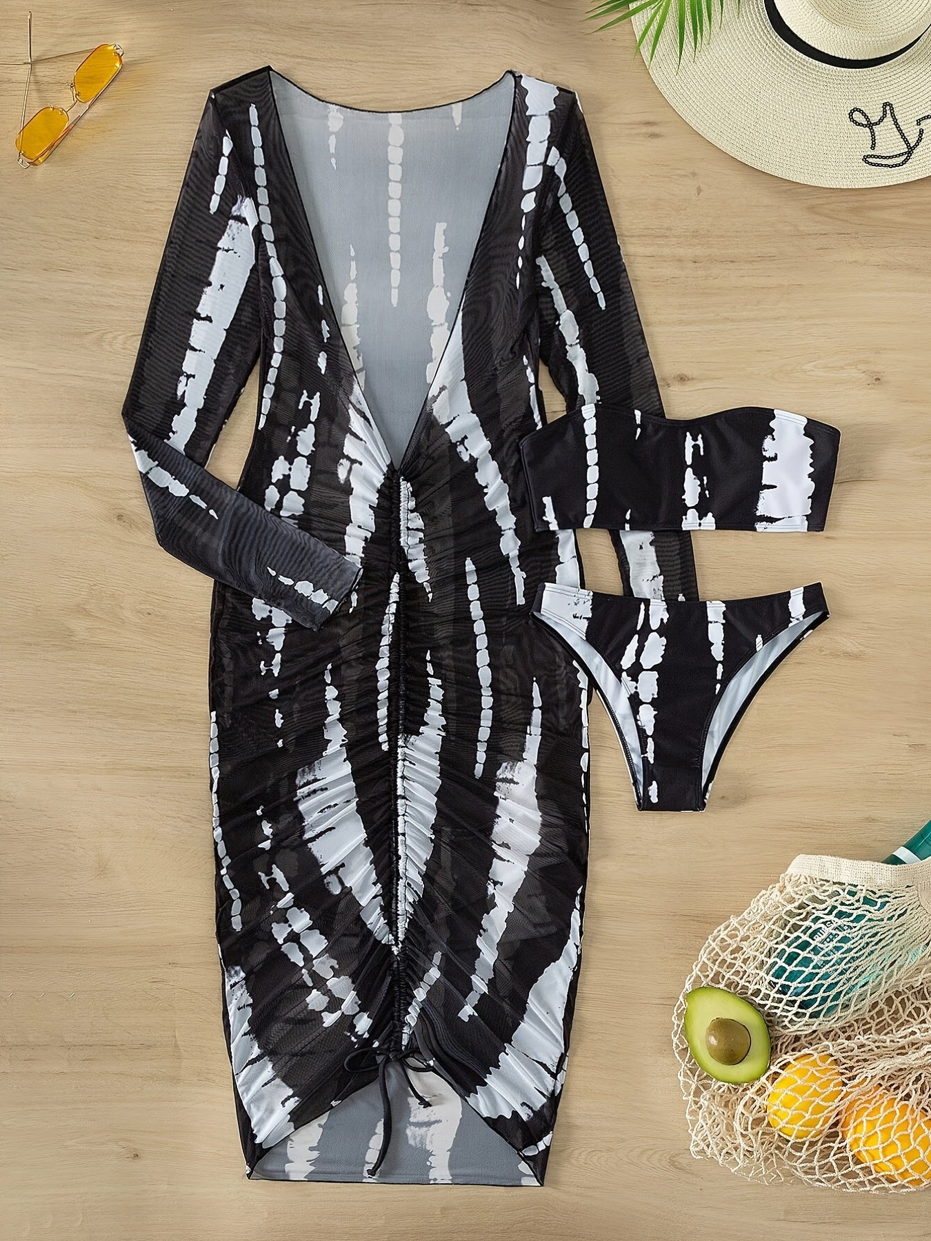 "Horizon Haze – Tie Dye 3-Piece Bandeau Bikini Set"