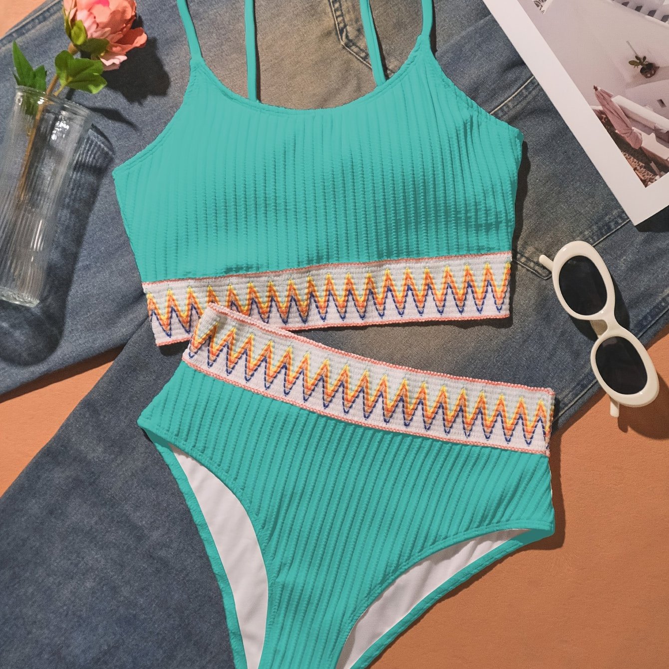 "Nautical Siren – High-Waist Contrast Mesh Bikini Set"