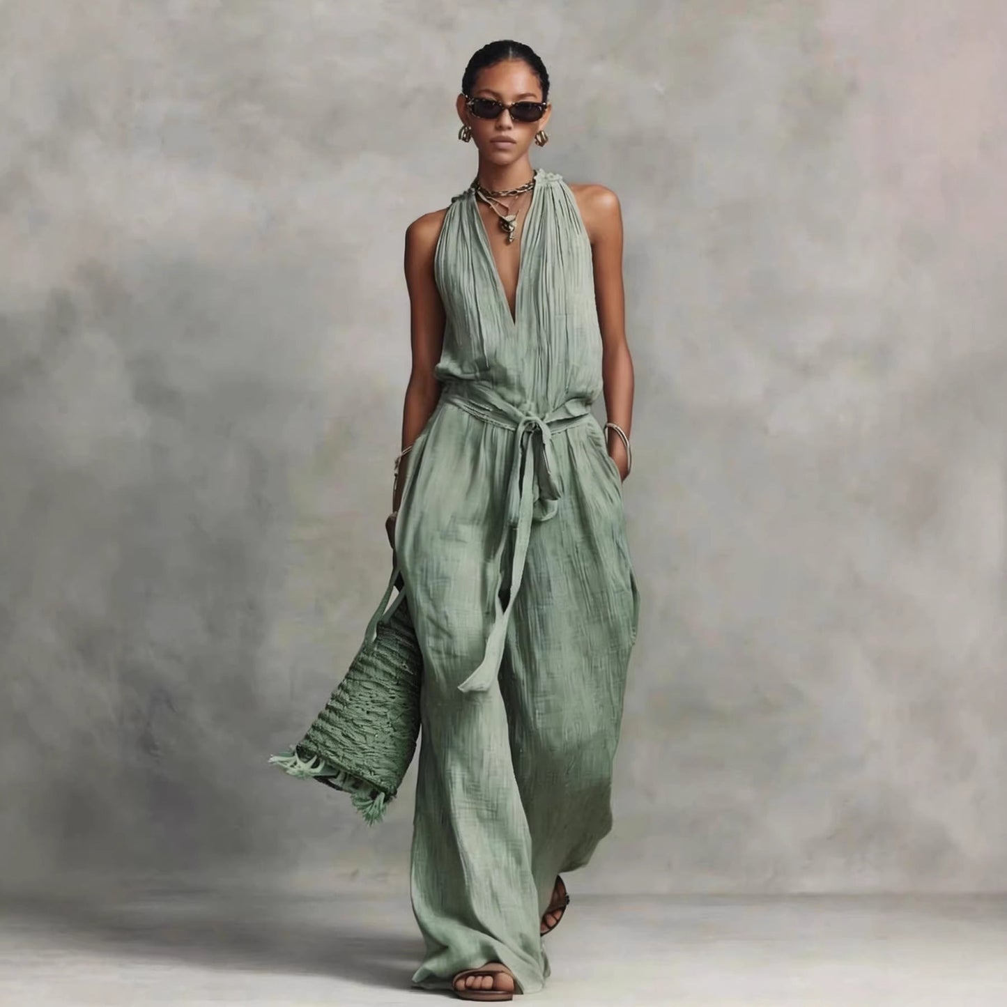 Lace-Up Sleeveless Straight-Leg Jumpsuit | Cotton-Blend